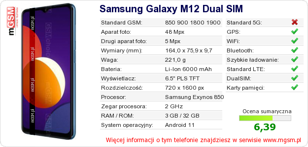 Dane telefonu Samsung Galaxy M12 Dual SIM