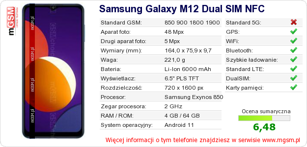 Dane telefonu Samsung Galaxy M12 Dual SIM NFC