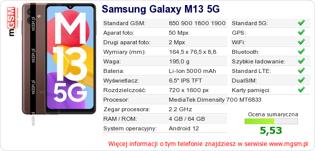 Dane telefonu Samsung Galaxy M13 5G Dane telefonu Samsung Galaxy M13 5G