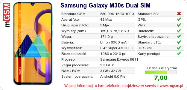 Dane telefonu Samsung Galaxy M30s Dual SIM Dane telefonu Samsung Galaxy M30s Dual SIM