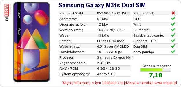 Dane telefonu Samsung Galaxy M31s Dual SIM