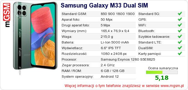 Dane telefonu Samsung Galaxy M33 Dual SIM