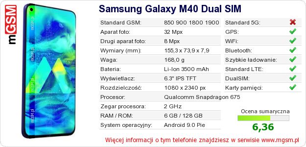 Dane telefonu Samsung Galaxy M40 Dual SIM