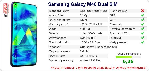Dane telefonu Samsung Galaxy M40 Dual SIM