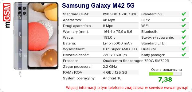 Dane telefonu Samsung Galaxy M42 5G Dane telefonu Samsung Galaxy M42 5G