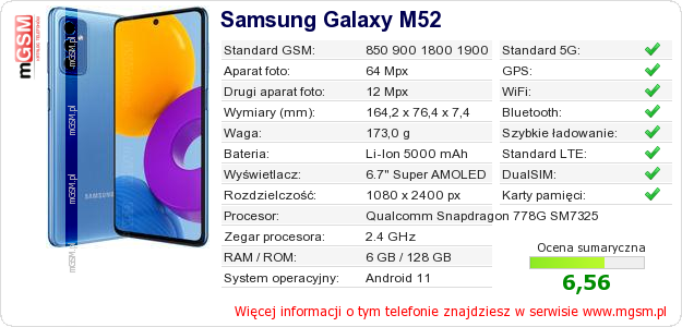 Dane telefonu Samsung Galaxy M52