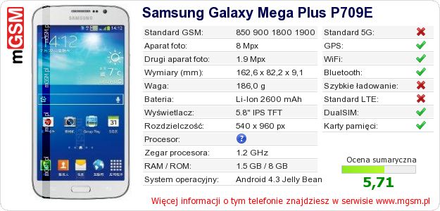 Dane telefonu Samsung Galaxy Mega Plus P709E