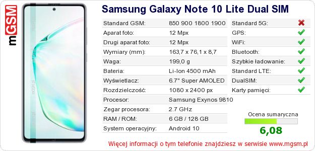 Dane telefonu Samsung Galaxy Note 10 Lite Dual SIM Dane telefonu Samsung Galaxy Note 10 Lite Dual SIM
