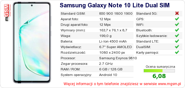 Dane telefonu Samsung Galaxy Note 10 Lite Dual SIM