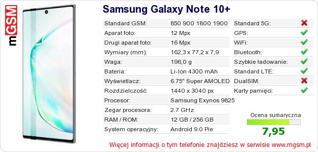 Dane telefonu Samsung Galaxy Note 10+