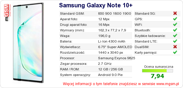 Dane telefonu Samsung Galaxy Note 10+ Dane telefonu Samsung Galaxy Note 10+