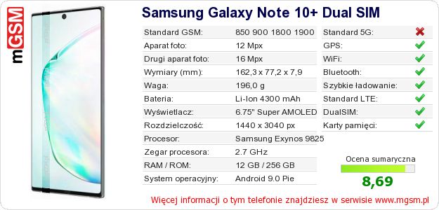 Dane telefonu Samsung Galaxy Note 10+ Dual SIM Dane telefonu Samsung Galaxy Note 10+ Dual SIM