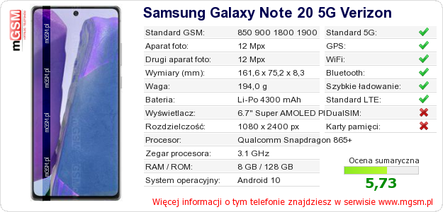 Dane telefonu Samsung Galaxy Note 20 5G Verizon