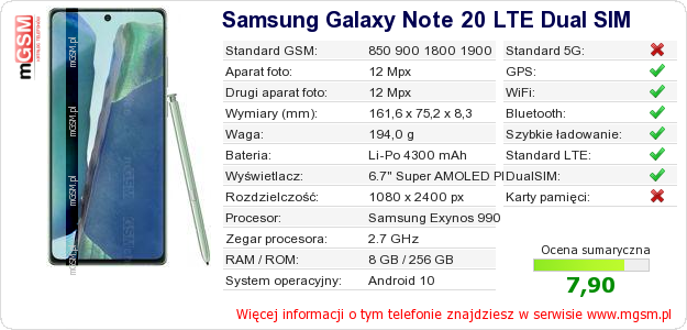Dane telefonu Samsung Galaxy Note 20 LTE Dual SIM