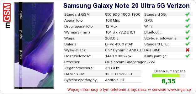 Dane telefonu Samsung Galaxy Note 20 Ultra 5G Verizon Dane telefonu Samsung Galaxy Note 20 Ultra 5G Verizon
