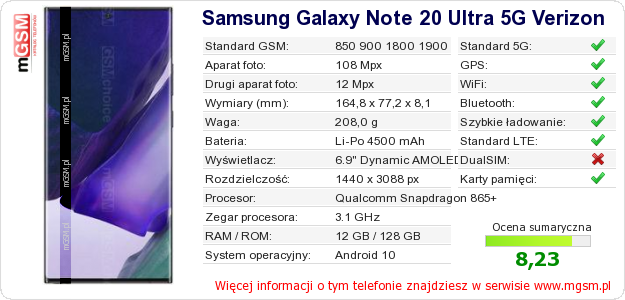 Dane telefonu Samsung Galaxy Note 20 Ultra 5G Verizon