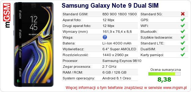 Dane telefonu Samsung Galaxy Note 9 Dual SIM Dane telefonu Samsung Galaxy Note 9 Dual SIM