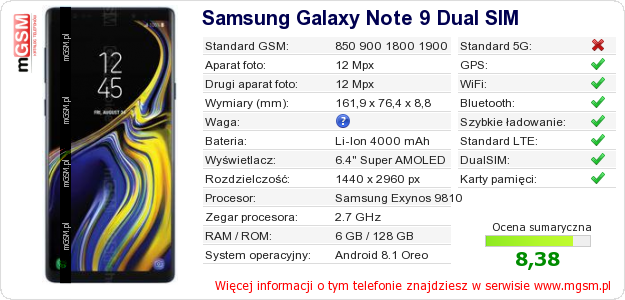 Dane telefonu Samsung Galaxy Note 9 Dual SIM