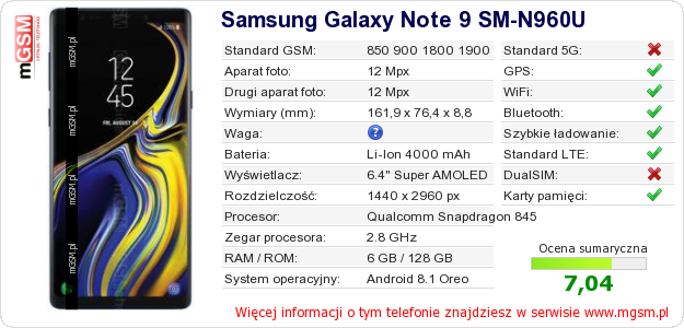 Dane telefonu Samsung Galaxy Note 9 SM-N960U