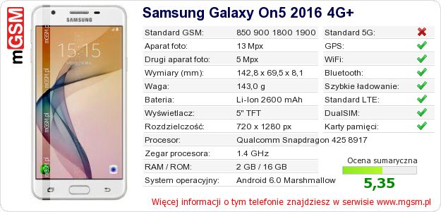 Dane telefonu Samsung Galaxy On5 2016 4G+ Dane telefonu Samsung Galaxy On5 2016 4G+