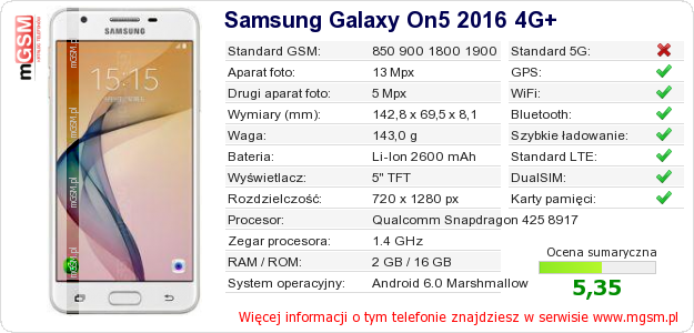 Dane telefonu Samsung Galaxy On5 2016 4G+