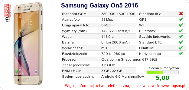 Dane telefonu Samsung Galaxy On5 2016 Dane telefonu Samsung Galaxy On5 2016