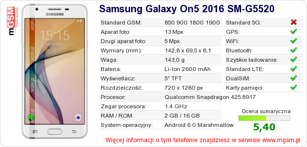 Dane telefonu Samsung Galaxy On5 2016 SM-G5520
