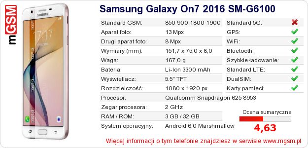 Dane telefonu Samsung Galaxy On7 2016 SM-G6100