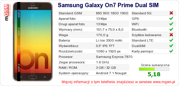 Dane telefonu Samsung Galaxy On7 Prime Dual SIM Dane telefonu Samsung Galaxy On7 Prime Dual SIM