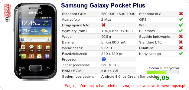 Dane telefonu Samsung Galaxy Pocket Plus