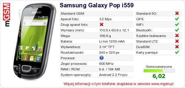 Dane telefonu Samsung Galaxy Pop i559