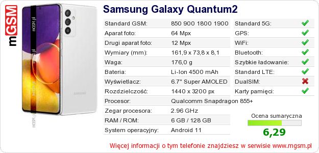 Dane telefonu Samsung Galaxy Quantum2 Dane telefonu Samsung Galaxy Quantum2