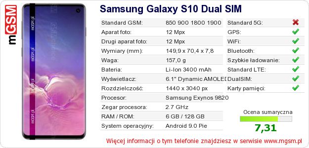 Dane telefonu Samsung Galaxy S10 Dual SIM Dane telefonu Samsung Galaxy S10 Dual SIM