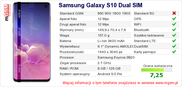 Dane telefonu Samsung Galaxy S10 Dual SIM