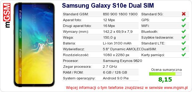 Dane telefonu Samsung Galaxy S10e Dual SIM