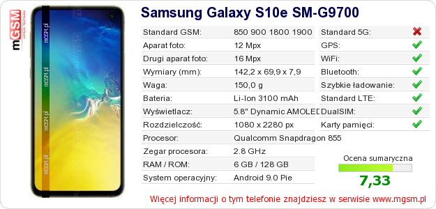 Dane telefonu Samsung Galaxy S10e SM-G9700