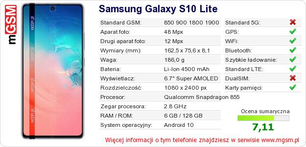 Dane telefonu Samsung Galaxy S10 Lite Dane telefonu Samsung Galaxy S10 Lite
