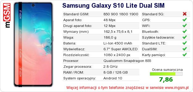 Dane telefonu Samsung Galaxy S10 Lite Dual SIM Dane telefonu Samsung Galaxy S10 Lite Dual SIM