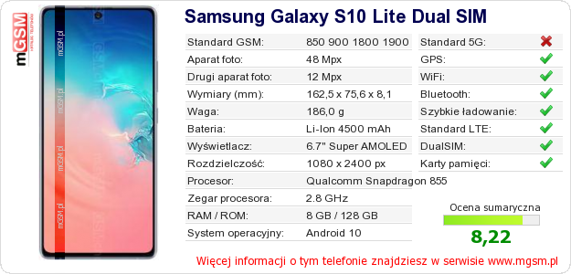 Dane telefonu Samsung Galaxy S10 Lite Dual SIM