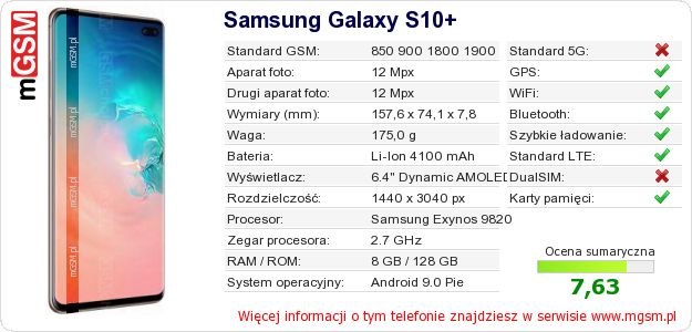 Dane telefonu Samsung Galaxy S10+ Dane telefonu Samsung Galaxy S10+
