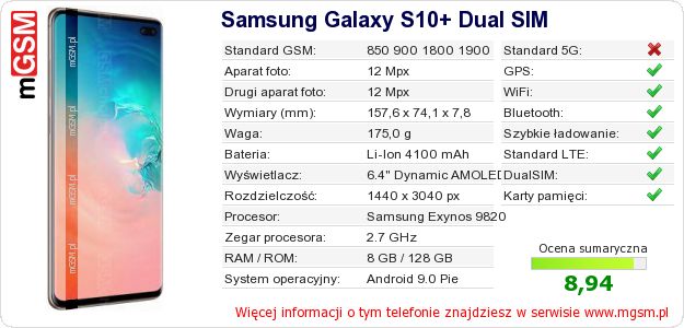 Dane telefonu Samsung Galaxy S10+ Dual SIM Dane telefonu Samsung Galaxy S10+ Dual SIM