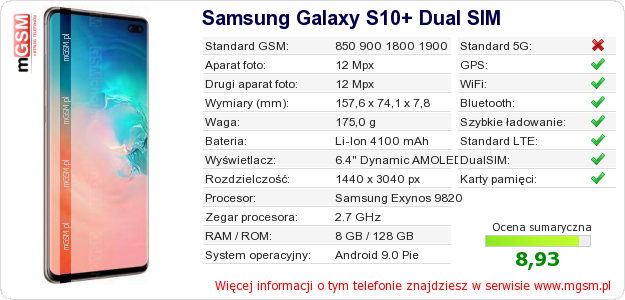 Dane telefonu Samsung Galaxy S10+ Dual SIM