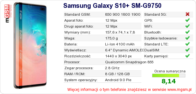 Dane telefonu Samsung Galaxy S10+ SM-G9750