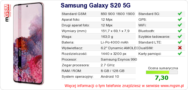 Dane telefonu Samsung Galaxy S20 5G