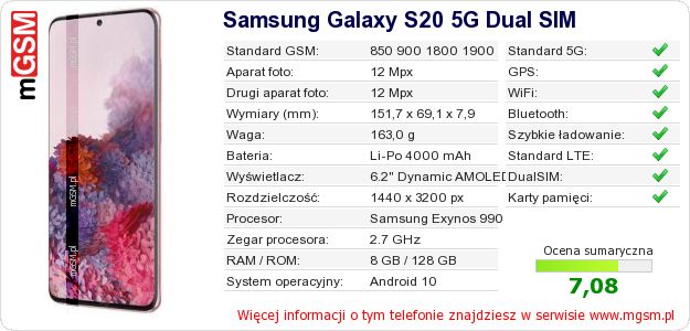 Dane telefonu Samsung Galaxy S20 5G Dual SIM Dane telefonu Samsung Galaxy S20 5G Dual SIM