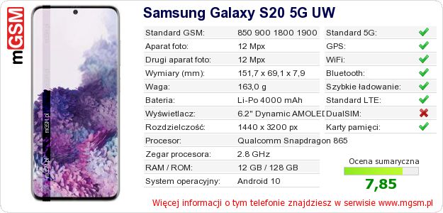 Dane telefonu Samsung Galaxy S20 5G UW Dane telefonu Samsung Galaxy S20 5G UW