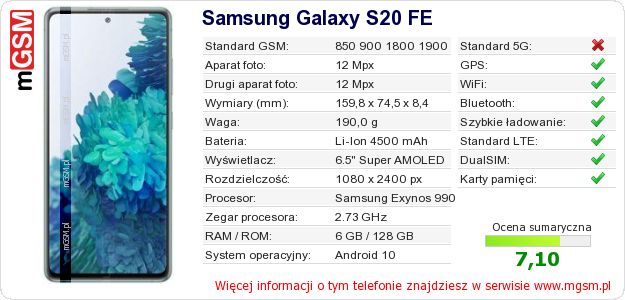 Dane telefonu Samsung Galaxy S20 FE Dane telefonu Samsung Galaxy S20 FE