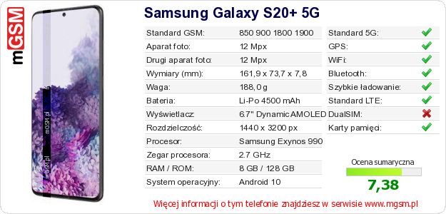 Dane telefonu Samsung Galaxy S20+ 5G