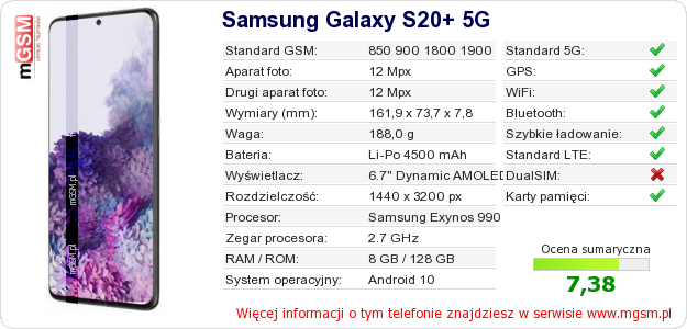 Dane telefonu Samsung Galaxy S20+ 5G