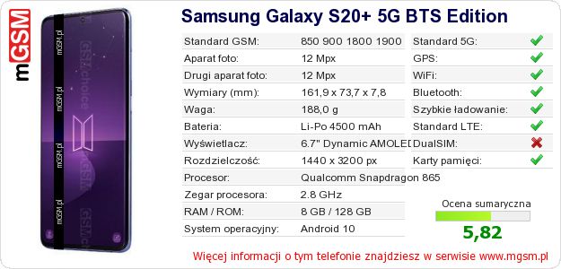 Dane telefonu Samsung Galaxy S20+ 5G BTS Edition